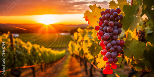 Sunset Glow Over Lush Vineyard: A Scenic Wine Country Landscape