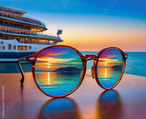 the glasses reflect the sunset on the sea and the cruise ship