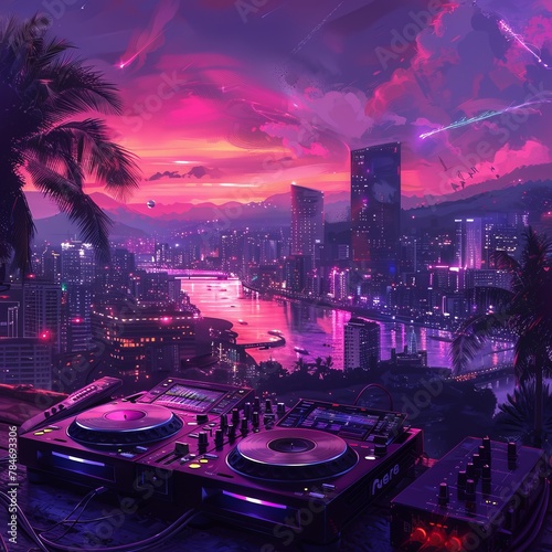 Splash of sound by a bay in a cyberpunk world, DJ dreams of bootlegging, music waves blend with the night, Leading Lines, unique hyperrealistic illustrations, geometric shapes professional color gradi photo