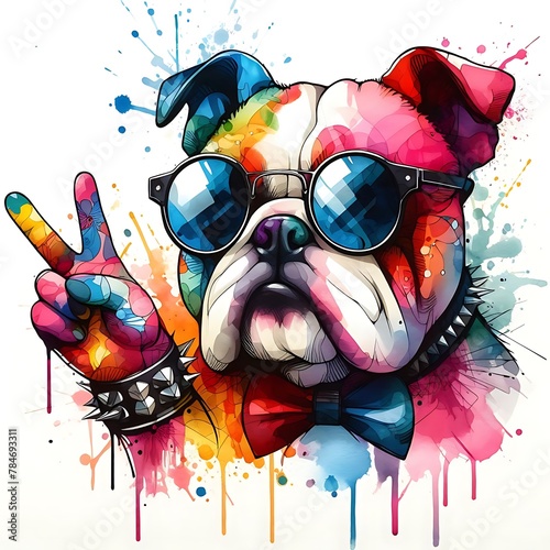 Cartoon BullDog Dog: Abstract Watercolor Painting with Colorful Details and Sunglasses, Perfect for T-shirt Prints or High-Quality Wall Art.