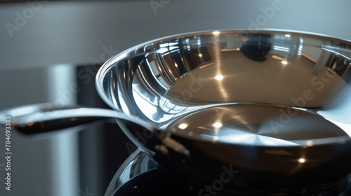 Close-up view of a stainless steel pan with a polished, reflective surface mounted on a modern induction cooktop