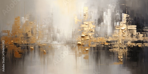 The abstract picture of the gold, grey and white colour that has been painted or splashed on the white blank background wallpaper to form random shape that cannot be describe yet beautiful. AIGX01.