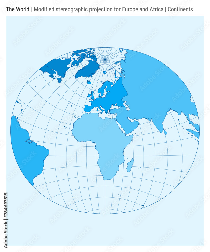 World Map. Modified stereographic projection for Europe and Africa. Continents style. High Detail World map for infographics, education, reports, presentations. Vector illustration.