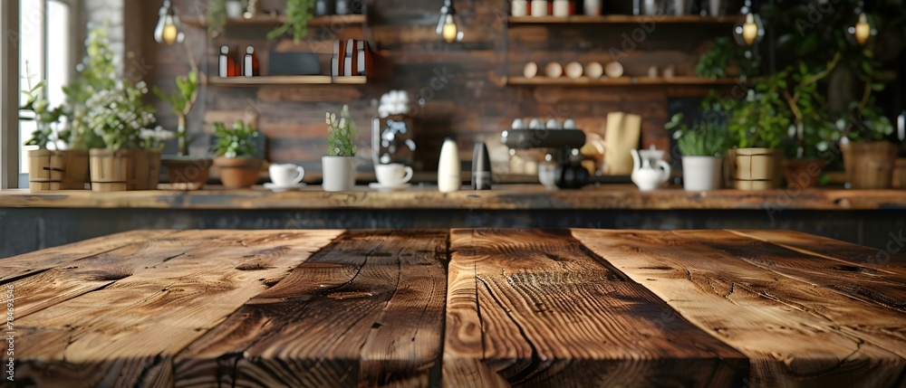 Rustic Café Showcase - Warm Wooden Table and Ambient Interior. Concept Rustic Café, Wooden Table, Ambient Interior, Decor Showcase, Cozy Atmosphere