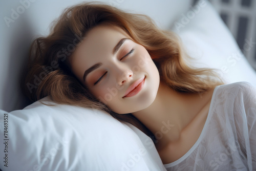 Serene Young Woman Enjoying Peaceful Sleep in Comfortable Bed