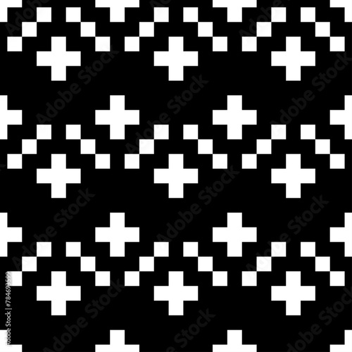 Checks, crosses ornament. Seamless pattern. Tiles, forms backdrop. Squares, plusses wallpaper. Ethnic motif. Geometric background. Mosaic illustration. Digital paper, textile print, abstract vector