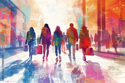 Colorful silhouetted shoppers in an urban setting with vibrant abstract elements.. photo