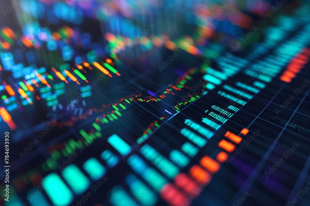 This close-up photo showcases a computer screen with a multitude of vibrant colors, A volumetric graph showcasing different trading volumes, AI Generated