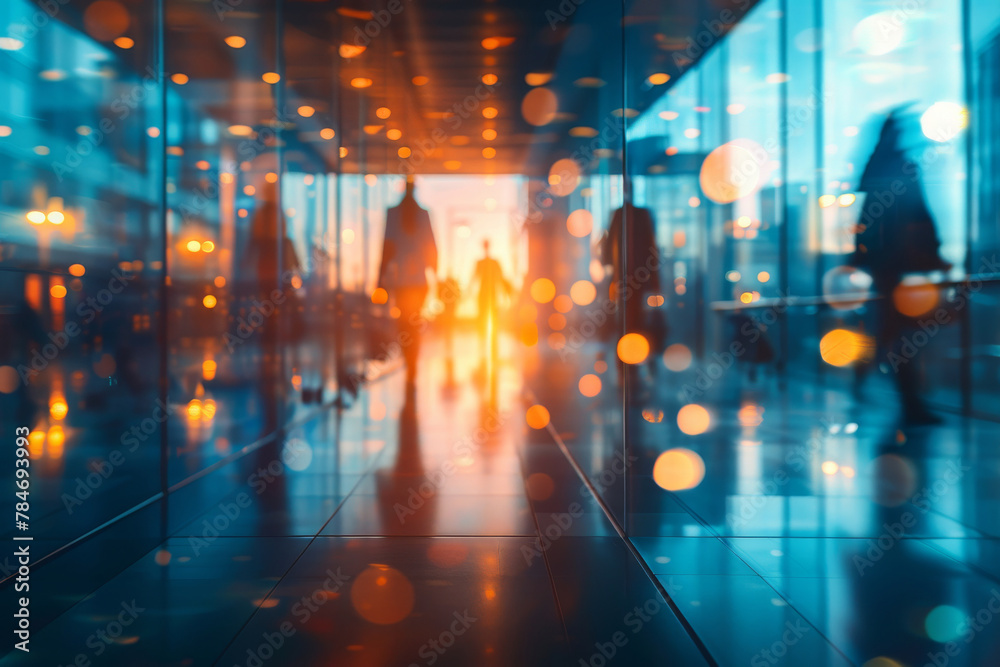Blurred Businesspeople in Modern Office Corridor with Vibrant Lighting