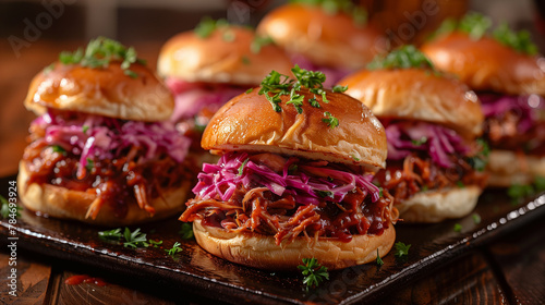Wallpaper Mural Irresistible BBQ sliders, featuring tender pulled pork and tangy coleslaw, arranged artistically on a lustrous crystal marble table Torontodigital.ca