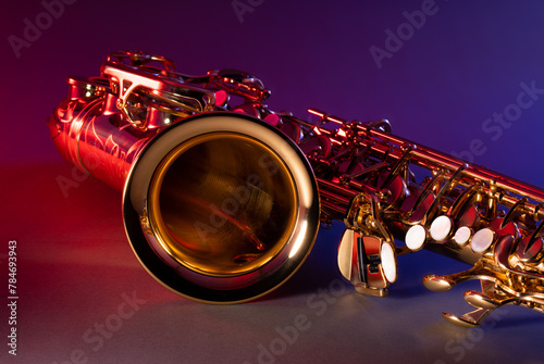 Canvas Print Alto Saxophone looking towards Bell with Colorful Red and Blue Jazzy Lighting