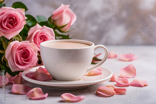 Elegant Roses and Tea Cup Still Life on Soft Background