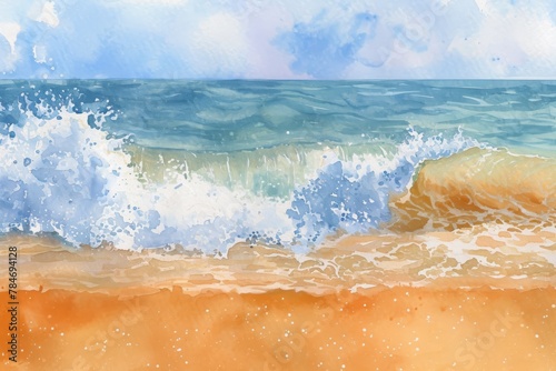 This painting depicts the forceful crash of a wave against the shoreline of a beach, A watercolor splash mimicking waves on a sandy beach, AI Generated