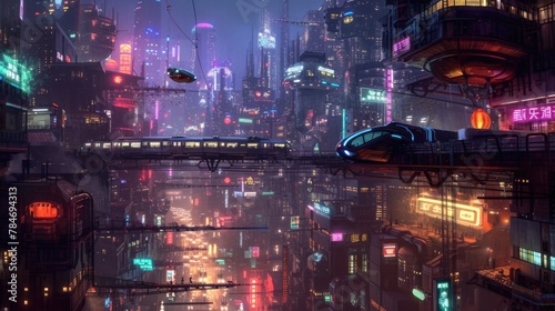 Futuristic city glows with soft hues, complemented by the sleek design of hovering vehicles above the vibrant skyline. Resplendent. © Summit Art Creations