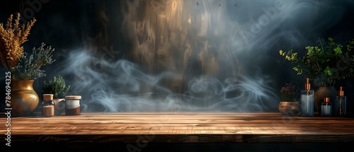 Mystical Wooden Tableau with Ethereal Smoke and Rustic Decor. Concept Woodland Enchantment, Mystical Aesthetics, Ethereal Atmosphere, Rustic Elegance, Smoky Elegance