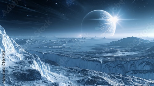 3D panoramic rendering of a frozen planet with icy surfaces and rings  orbiting a bright star. The background is a vast expanse of space with distant galaxies visible