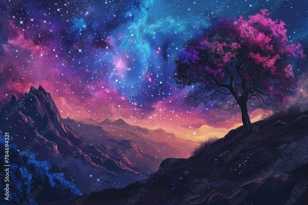 This photo depicts a painting of a night sky filled with stars and a lone tree standing beneath it, A whimsical nightscape featuring a vibrant nebula, AI Generated
