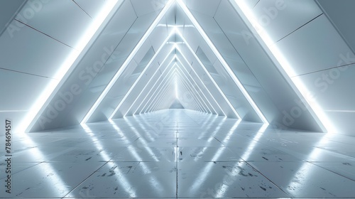 3D rendering, an empty, lengthy corridor features a futuristic triangle tunnel illuminated by bright white LED lights along the edges, producing a modern, high-contrast aesthetic