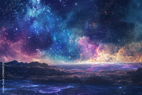 This photo captures a panoramic view of the sky and clouds from a distance, showcasing the vastness and beauty of the open sky, A whimsical nightscape featuring a vibrant nebula, AI Generated