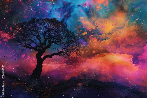This photo showcases a painting depicting a tree standing against a dark night sky, A whimsical nightscape featuring a vibrant nebula, AI Generated photo
