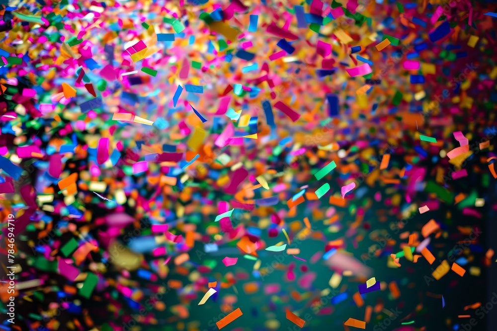 Vibrant Confetti Celebration on Black Background, A whirlwind of multi-colored confetti right after the stroke of midnight, AI Generated