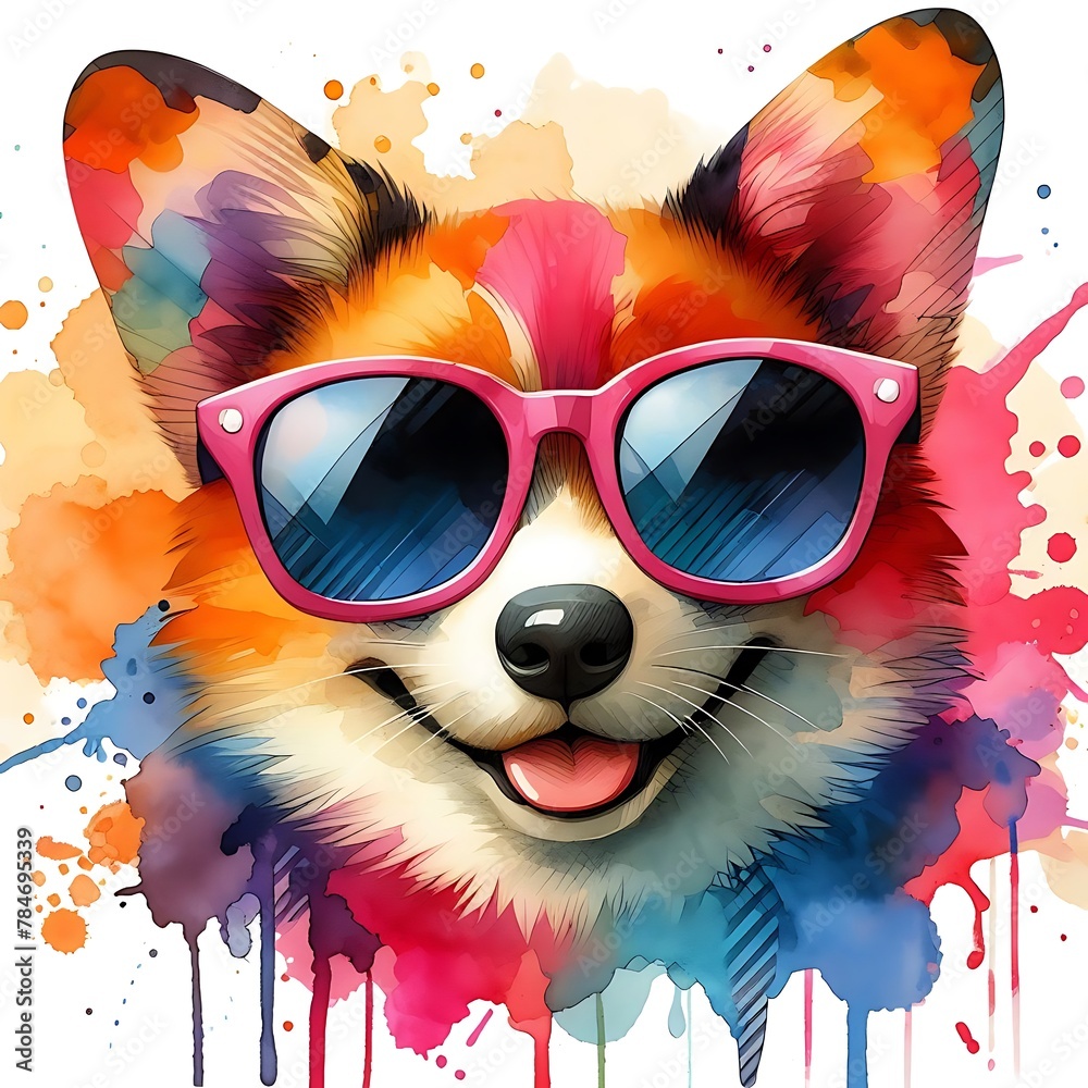 Cartoon Corgi Dog: Abstract Watercolor Painting with Colorful Details and Sunglasses, Perfect for T-shirt Prints or High-Quality Wall Art.