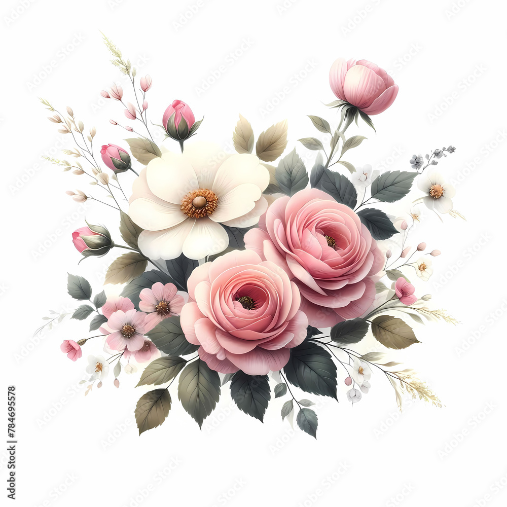 Vintage floral bouquet with roses, peonies and hydrangea flowers in pastel colors isolated on white background.