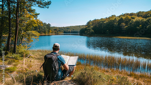 A man is sitting on a rock reading a book by a lake.