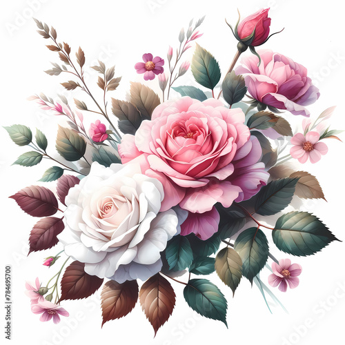 Vintage floral bouquet with roses, peonies and hydrangea flowers in pastel colors isolated on white background.
