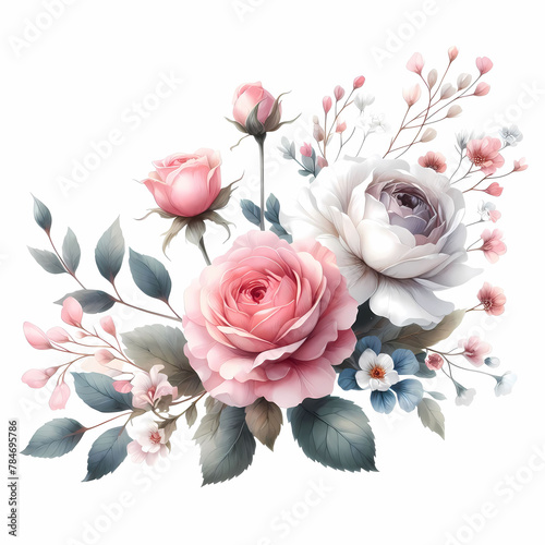Vintage floral bouquet with roses, peonies and hydrangea flowers in pastel colors isolated on white background.