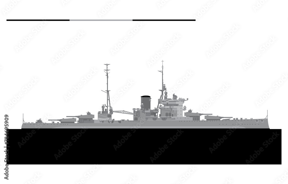 HMS QUEEN ELIZABETH 1942. Royal Navy battleship. Vector image for illustrations and infographics.