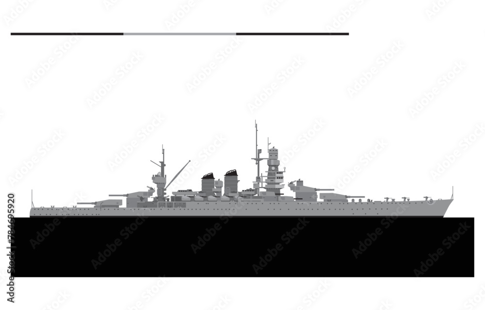 CAIO DUILIO 1940. Italian navy Andrea Doria class battleship. Vector image for illustrations and infographics.