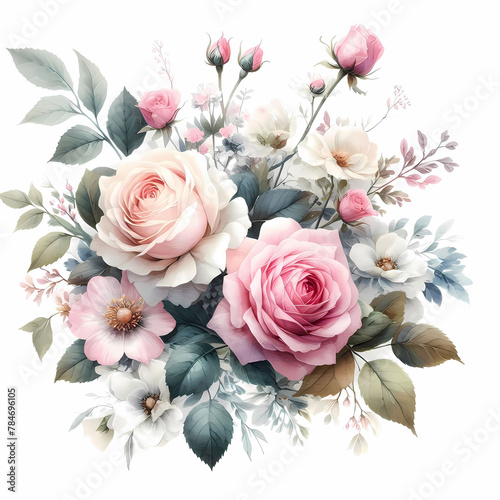 Vintage floral bouquet with roses  peonies and hydrangea flowers in pastel colors isolated on white background.