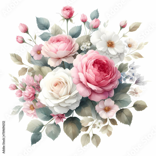 Vintage floral bouquet with roses, peonies and hydrangea flowers in pastel colors isolated on white background.