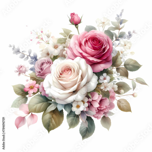 Vintage floral bouquet with roses, peonies and hydrangea flowers in pastel colors isolated on white background.
