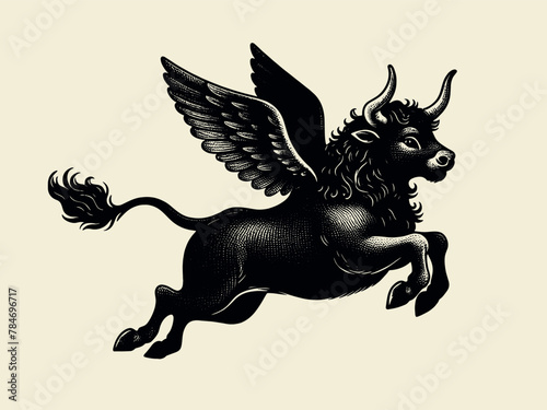 A beautiful fairy-tale bull with wings flying across the sky. Vintage retro engraving illustration. Black icon, isolated element	
