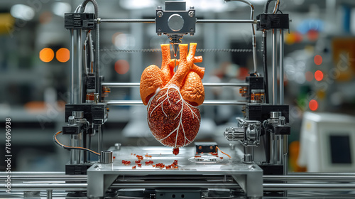 Bioengineered 3D printer produces a human heart. Genetic futuristic technology © colnihko