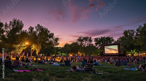 Movie-goers gather in a lively park, immersed in the entertainment under the stars.