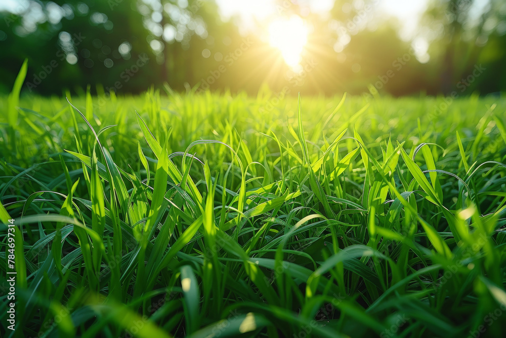 Lush Green Grass Field with Sunrise Background in Springtime Lush Green Grass Field with Sunrise Background in Springtime