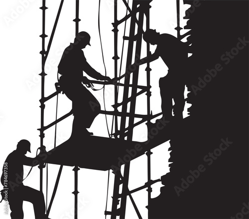 Silhouette of a construction worker on a scaffolding. Labor Day concept. Vector illustration