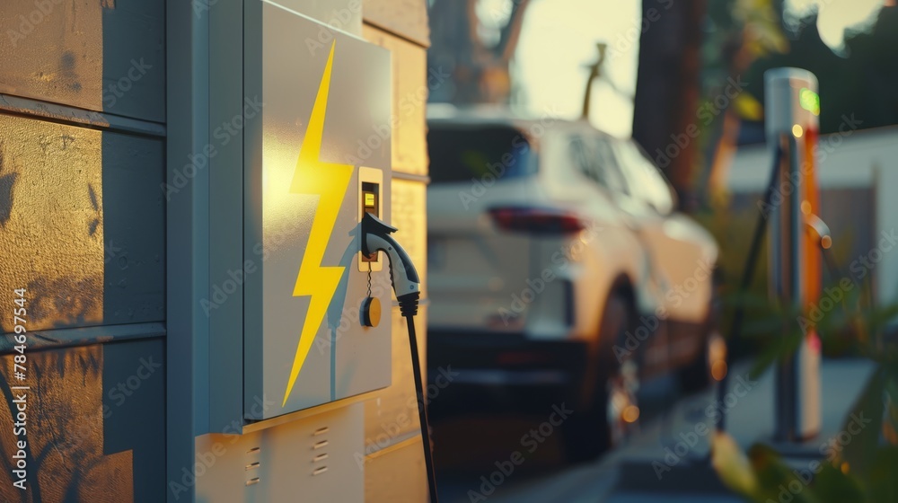 a white and yellow lightning bolt logo adorns the side of an outdoor home electrical panel, with charging station for electric vehicles. A car is seen in the background,
a white and yellow lightning bolt logo adorns the side of an outdoor home electrical panel, with charging station for electric vehicles. A car is seen in the background,