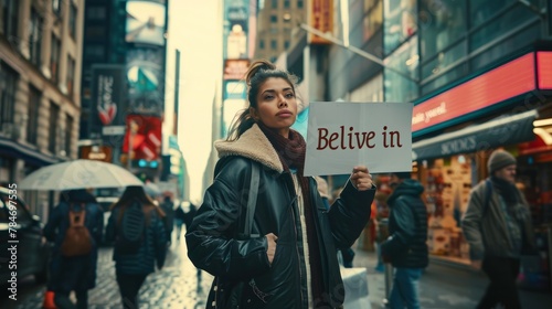 Confident woman walking down city street holding sign with words believe in photo