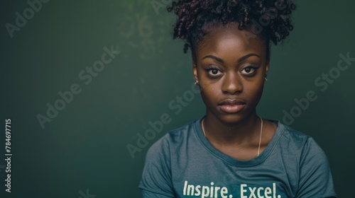 Closeup shot of a young African descent woman in a t-shirt with Inspire Excel printed on it. Her gaze is focused against a deep green background photo