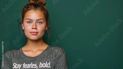 A closeup of a determined young Caucasian woman with a messy top knot hairstyle, against a bold green background, focusing on her gaze t shirt with quote "Stay fearless, bold."