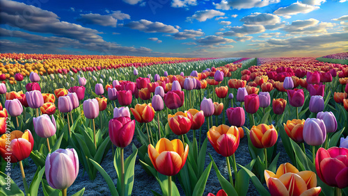 Vast fields of colourful tulips stretch towards the horizon under a dynamic sky dotted with scattered clouds.The stunning colour palette of tulips contrasts sharply with the sky.AI generated.