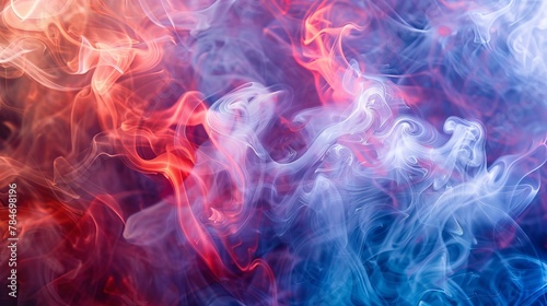 Mesmerizing swirls of red, blue, and purple smoke dance across a canvas of fog, creating a captivating and vibrant background.