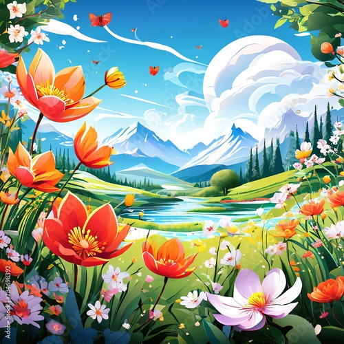 Spring themed vector illustration blooming flora fauna 