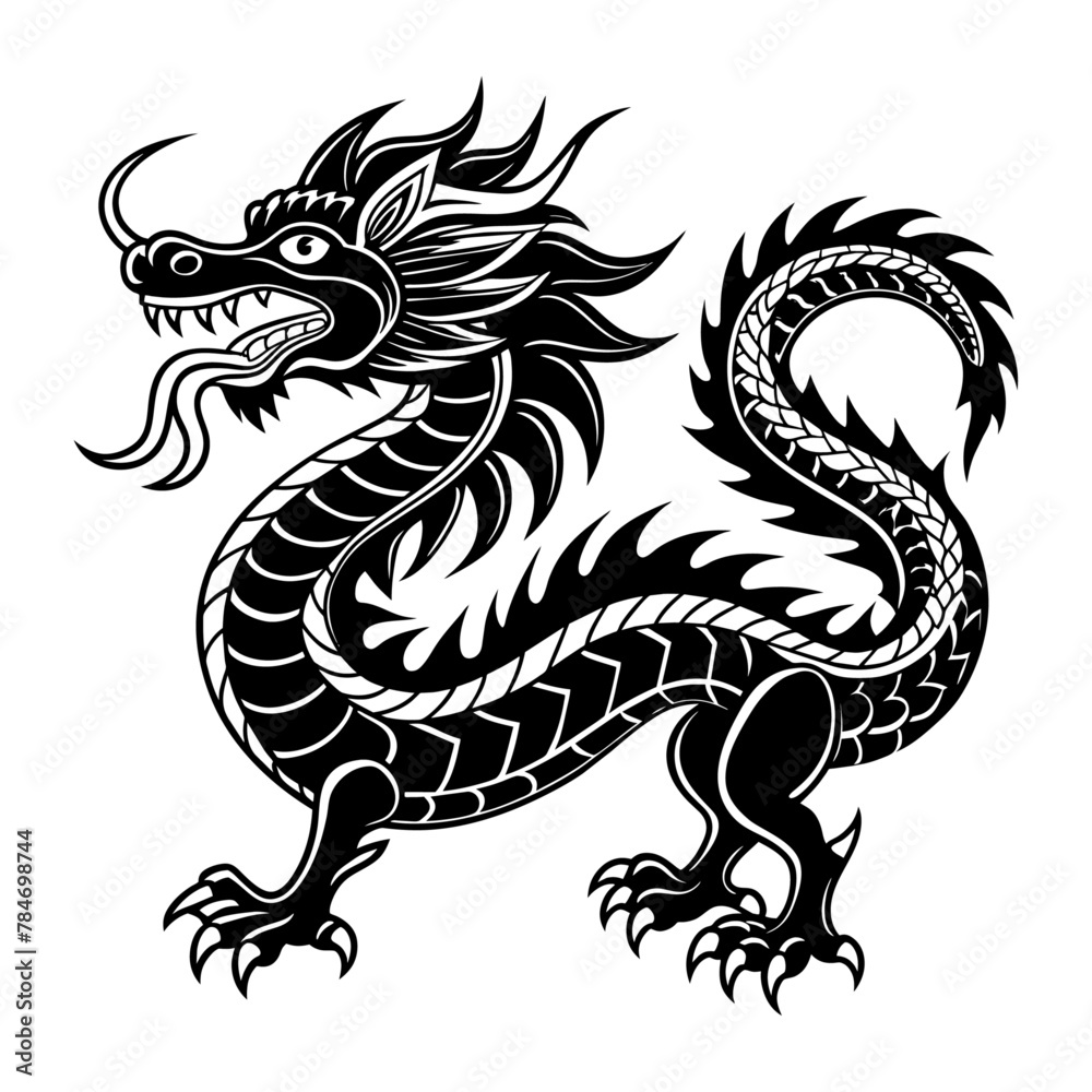 A vector dragon silhouette art, black and white background
