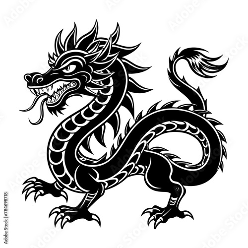 A vector dragon silhouette art  black and white background 