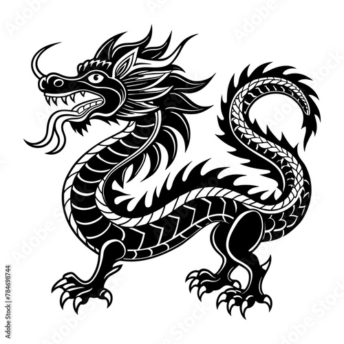 A vector dragon silhouette art  black and white background 
